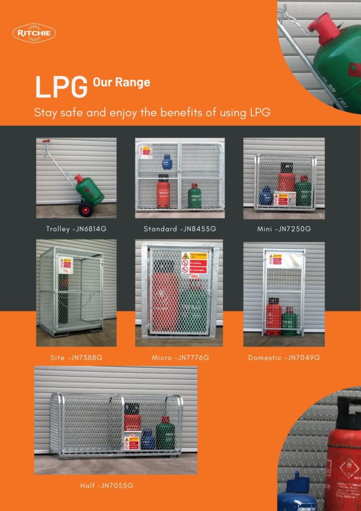 LPG range flyer with seven products images: trolley, standard, Mini, Site, Micro, Domestic and Half.